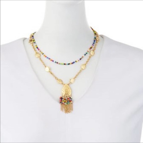 Neiman Marcus NEW Boho Multi Colored Beads 2 Tiered Gold Beaded Necklace - Picture 4 of 5